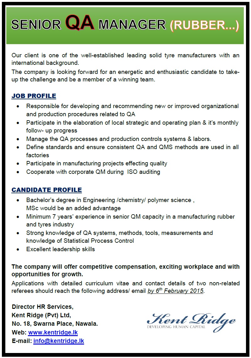 Senior QA Manager Rubber